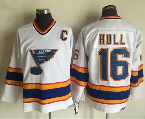 Blues #16 Brett Hull White/Yellow CCM Throwback Stitched NHL Jersey